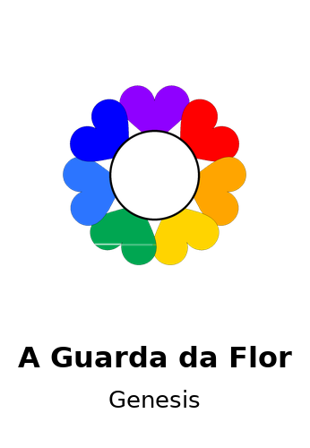 Descição por Be MyEyes: Logotipo colorido em formato de flor composta por sete pétalas em forma de coração, cada uma de uma cor do arco-íris (vermelho, laranja, amarelo, verde, azul, azul-claro, roxo e lilás). No centro há um círculo branco contornado por uma linha preta. Abaixo da imagem, está escrito "A Guarda da Flor" em negrito, e logo abaixo, em fonte menor, está escrito "Genesis". O fundo é branco.